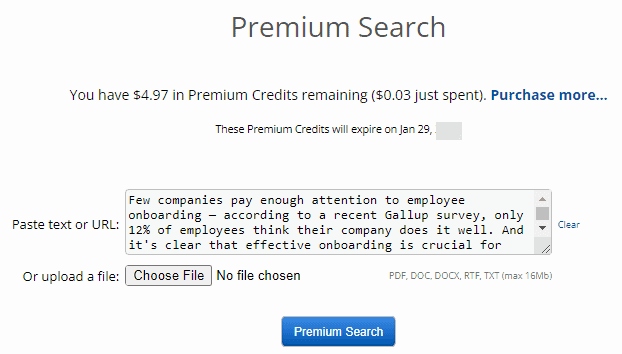 Copyscape Premium Search with credits entrepreneur text